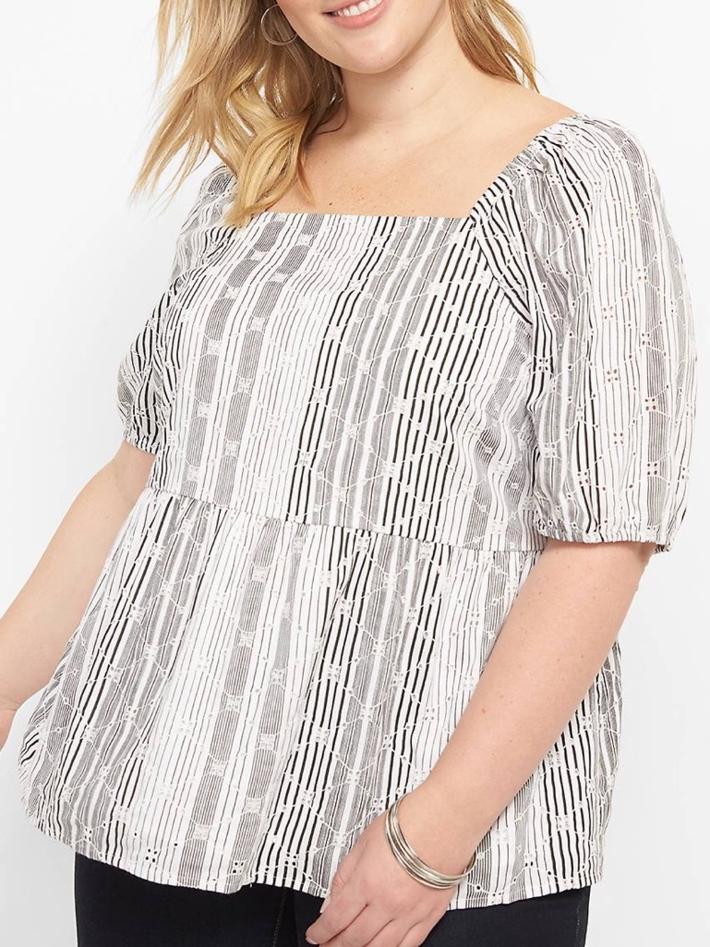 Lane Bryant Black & White Striped Eyelet Peplum Blouse Size 16 Boho Cottagecore